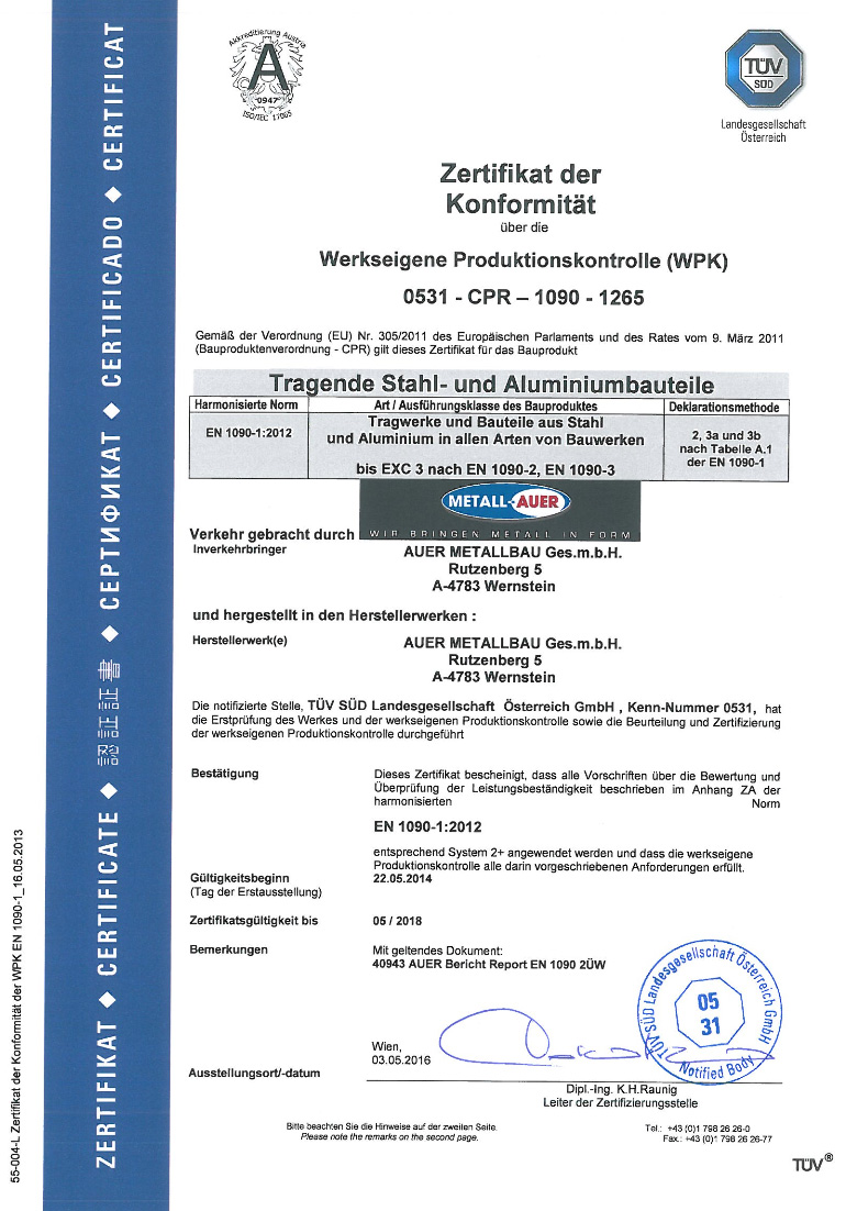 Zertifikat der Konformität, WPK, EN 1090-1:2012